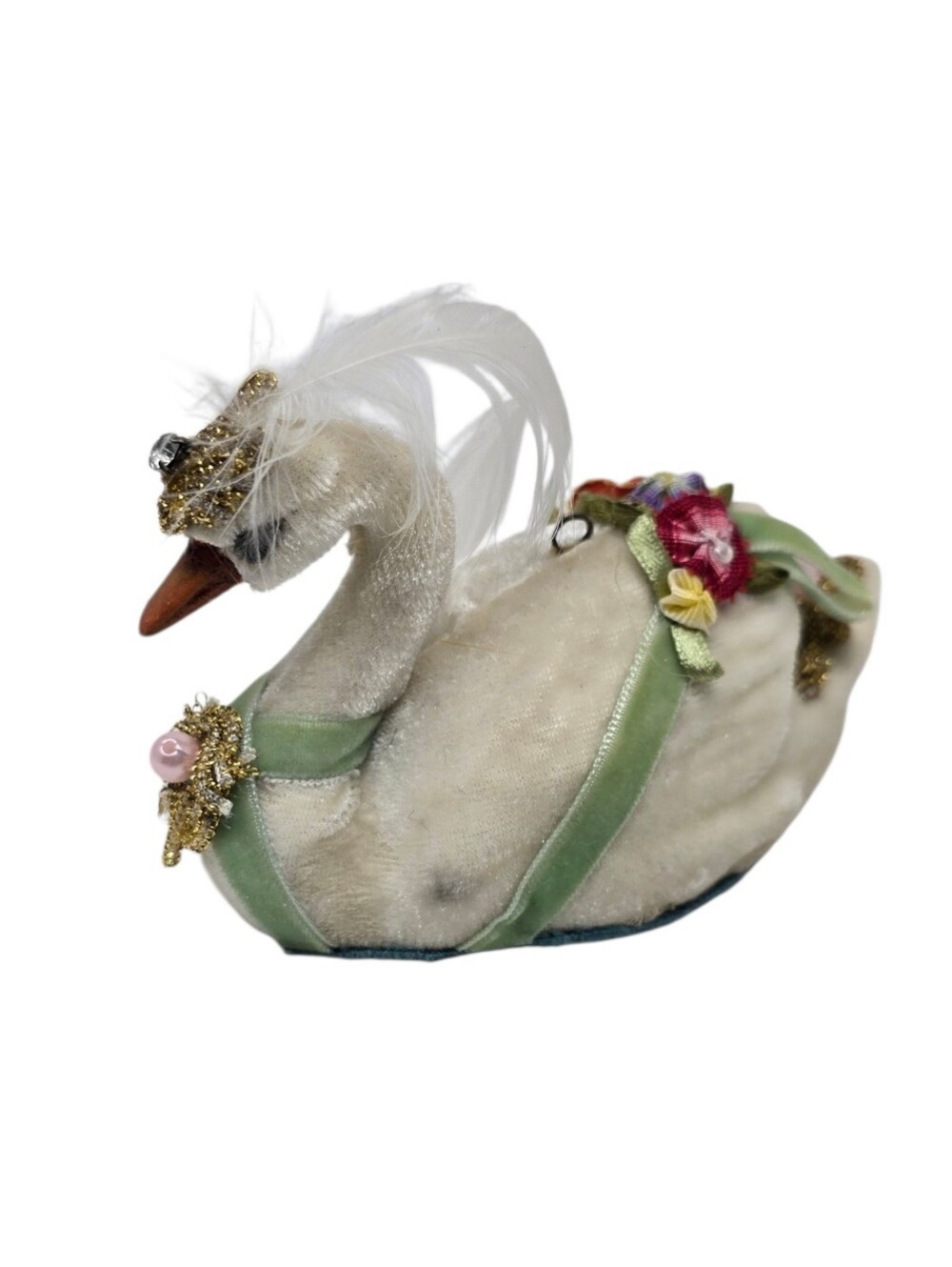 Velvet Swan Ornament Floral Pearl Feather Cottagecore Spring Easter Decor 4.5"